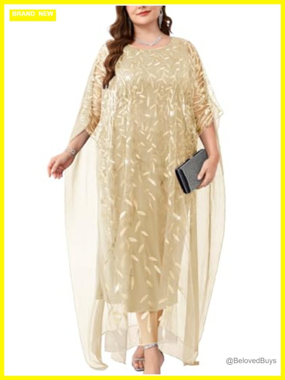 Plus Size Formal Evening Gown Sequin Cape Overlay Mother of Bride Wedding Guest